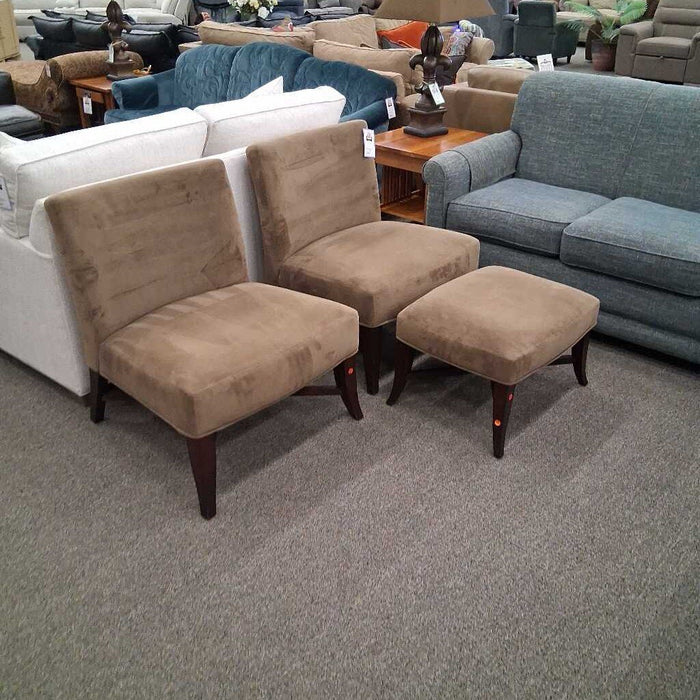 Pair of CB2 Brown Chairs w/ Ottoman