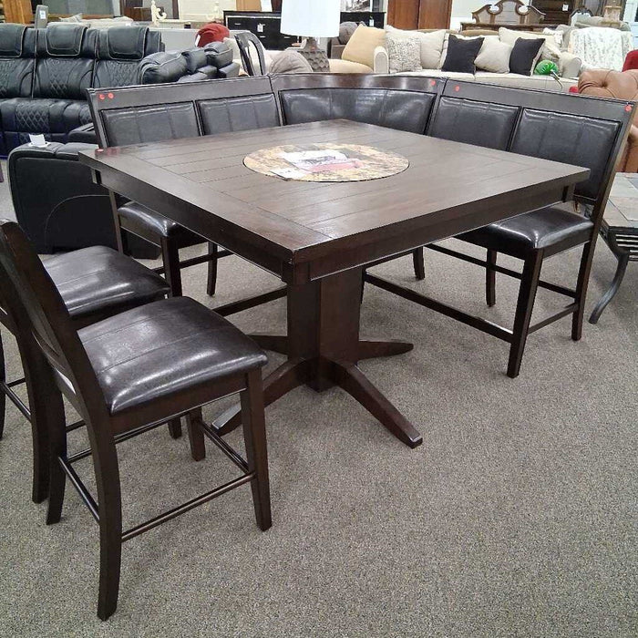 Pub Table W/ Lazy Susan & 2 Stools & Curved Bench