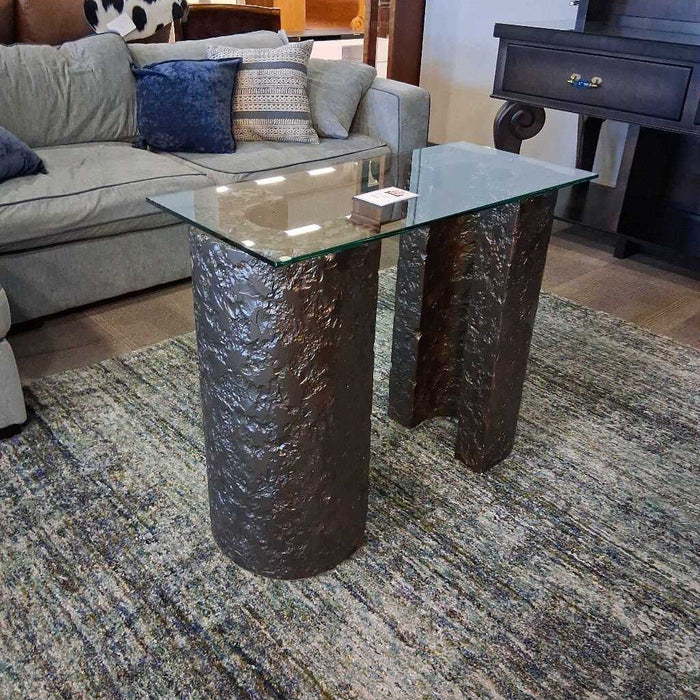 3pc Stone column/glass top table