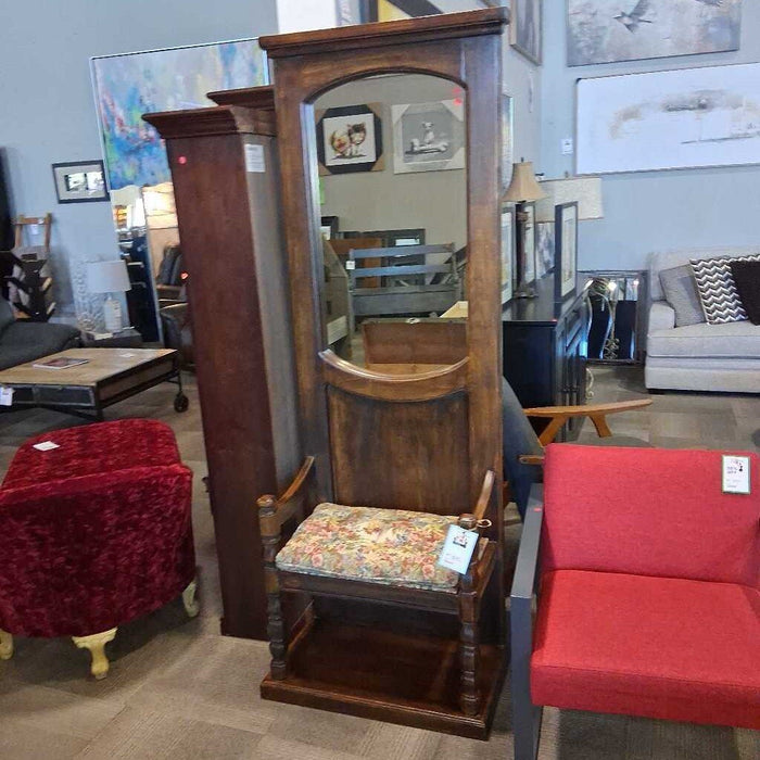 Wood Hall Tree w/ Mirror & Floral Seat