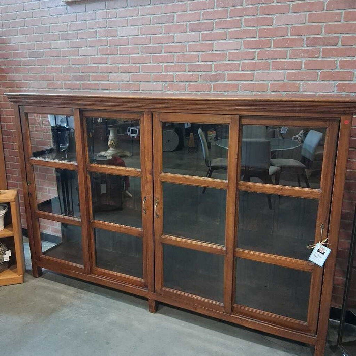 Large Wood Shelf w/ Sliding Glass Doors -missing glass right side-