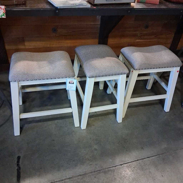 Set of 3 White Barstools w/ Gray Fabric