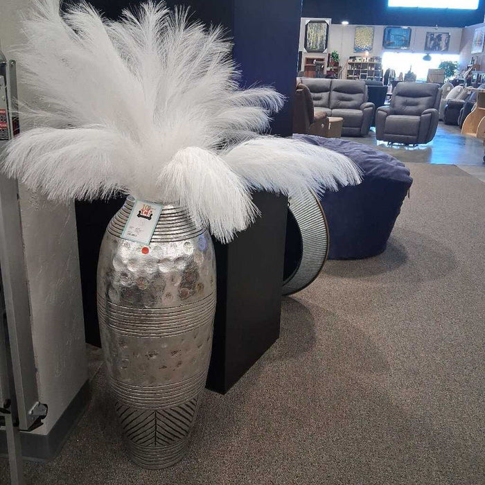 Metal Vase w/ White Faux Feathers