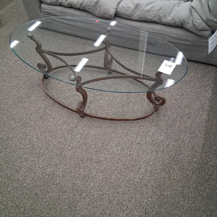 Oval Coffee Tbl w/ Glass Top & Metal Base