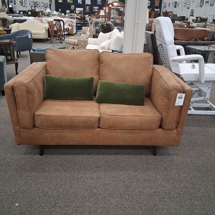 Brown Loveseat W/2 Grn Pillows
