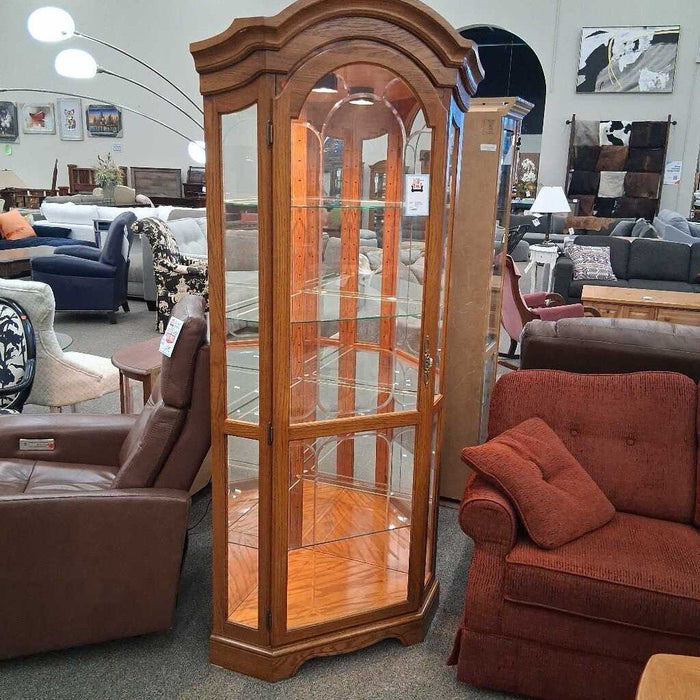 Oak Corner Curio Cabinet w/ Glass Shelves