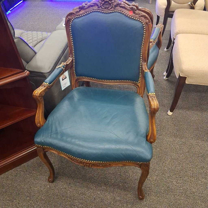 Vintage Teal Leather & Wood Arm Chair