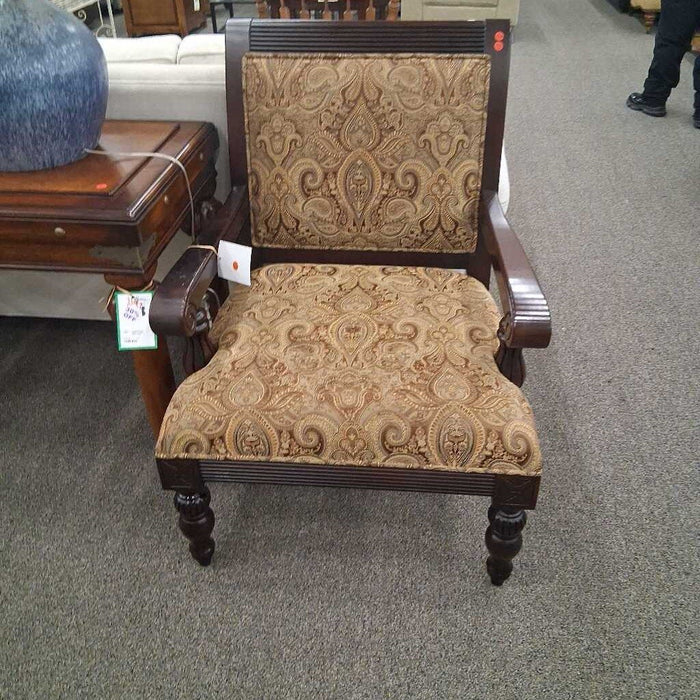 Wood & Brown Fabric Arm Chair