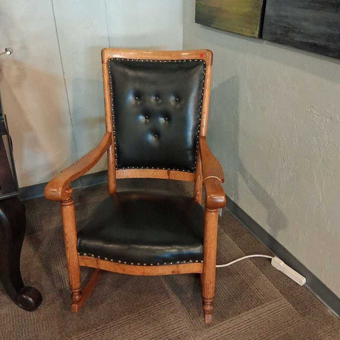 Black Leather & Wood Rocking Chair