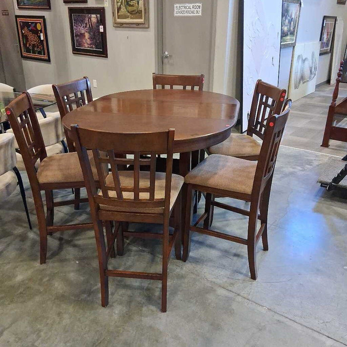 Dark Wood Pub Table w/ 1L & 6 Chairs
