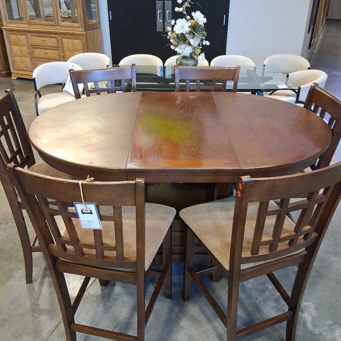 Dark Wood Pub Table w/ 1L & 6 Chairs