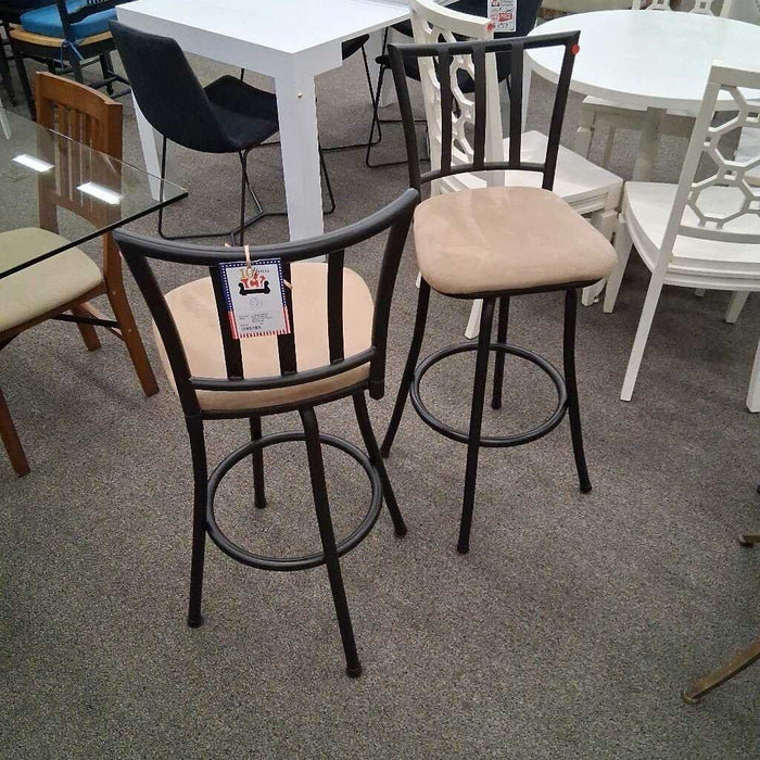 Pair of Metal Frame Tan Fabric Barstools