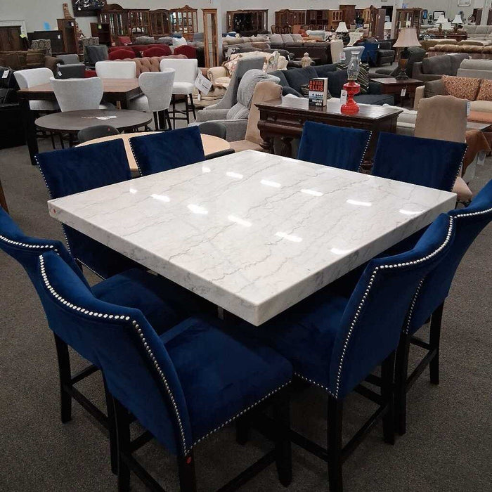 Steve Silver Stone Top Table w/ 8 Blue Ch.