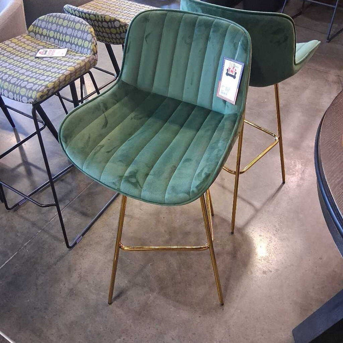 Pair of Gold & Grn Fabric Barstools