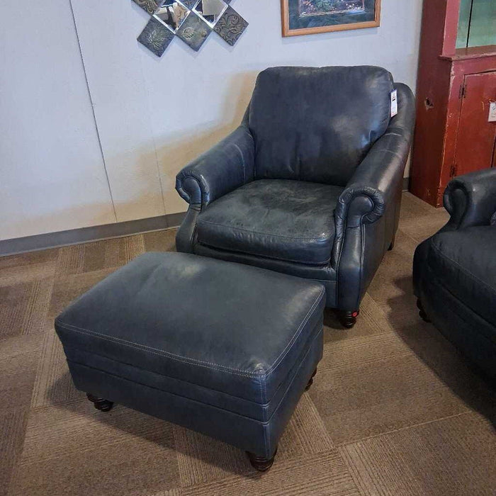 Blue Leather Club Chair w/ Ottoman