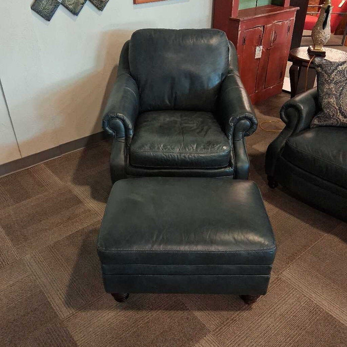 Blue Leather Club Chair w/ Ottoman