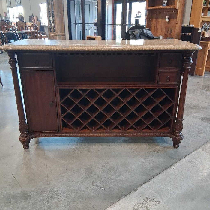 Granite Top Cherry Wood Bar w/ Wine Rack