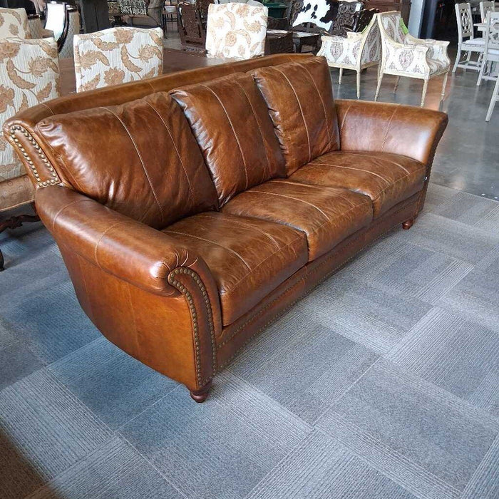 Brown Italian Leather Sofa w/ Nailheads