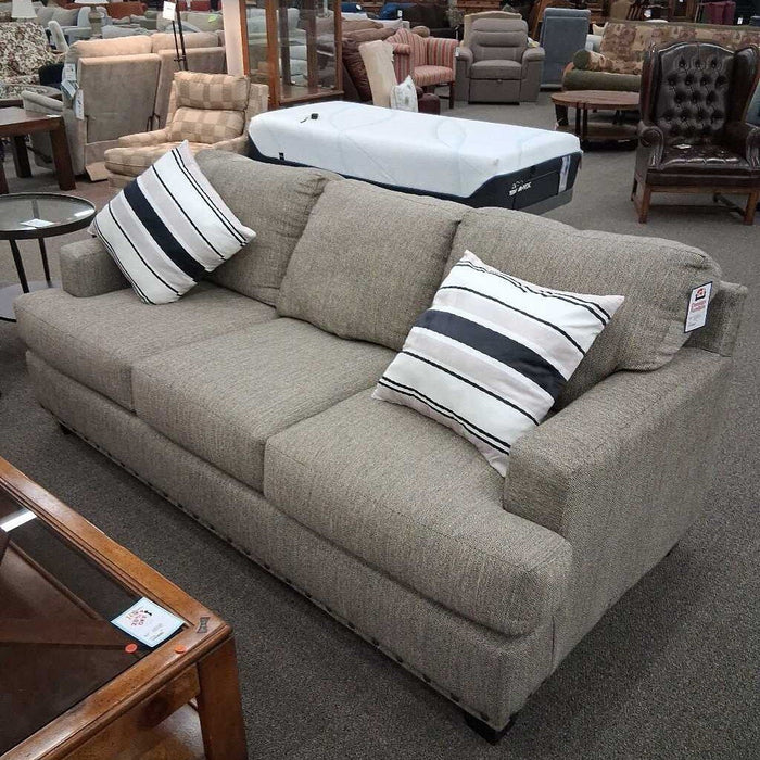 Grey Fabric Sofa w/ Nailheads & 2 Pillows
