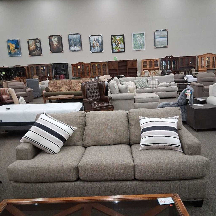 Grey Fabric Sofa w/ Nailheads & 2 Pillows