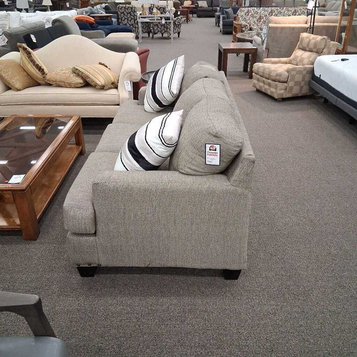 Grey Fabric Sofa w/ Nailheads & 2 Pillows