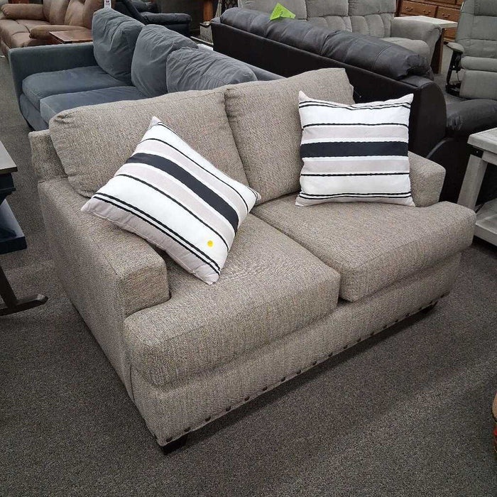 Grey Fabric Loveseat w/ Nailheads & Pillows