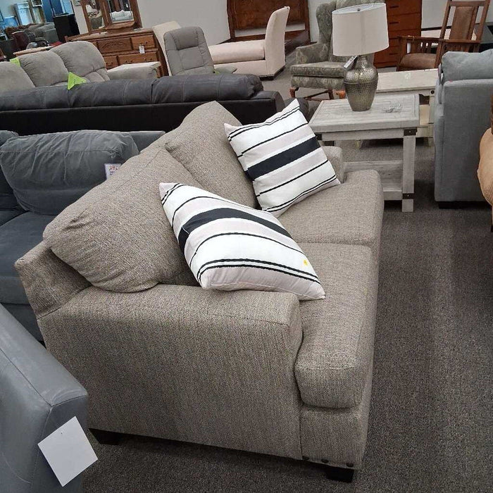 Grey Fabric Loveseat w/ Nailheads & Pillows