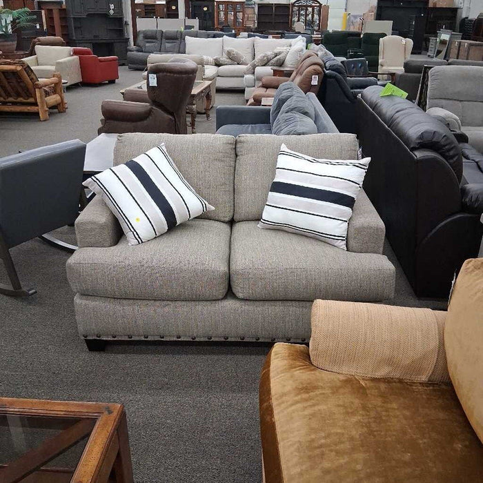 Grey Fabric Loveseat w/ Nailheads & Pillows