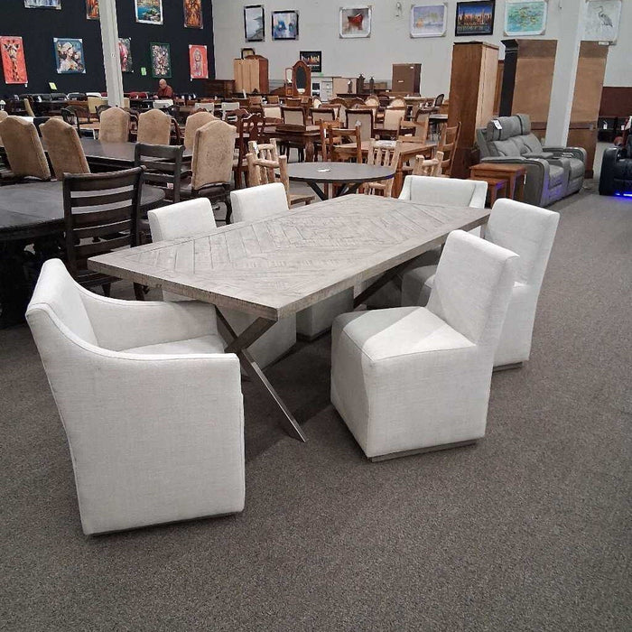 Bernheart Dining Table w/ 6 White Chairs