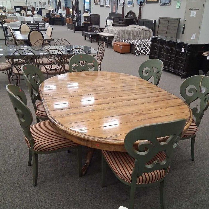 Wood Dining Table w/ 1L & 6 Grn Ch