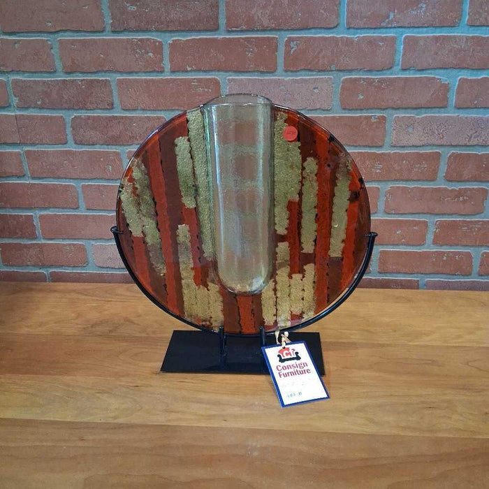 Red Glass Plate Vase w/ Metal Stand