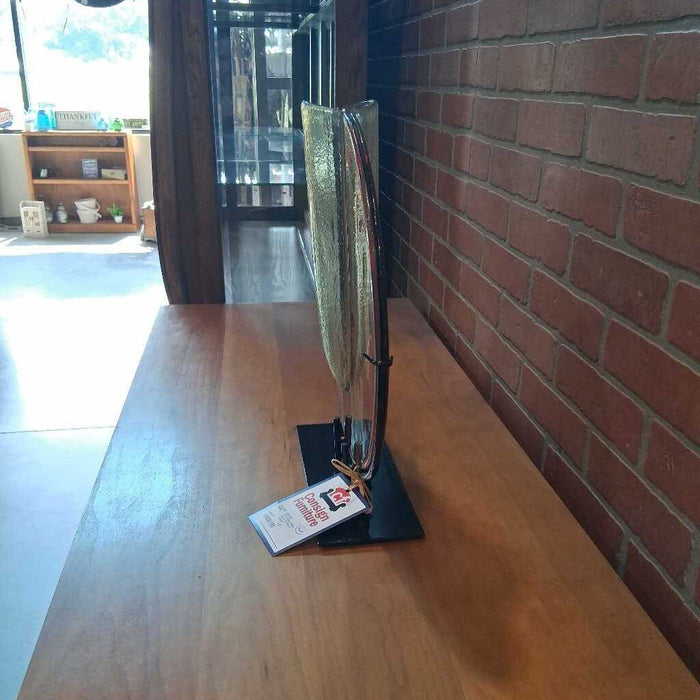 Red Glass Plate Vase w/ Metal Stand