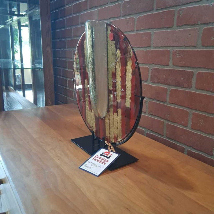 Red Glass Plate Vase w/ Metal Stand