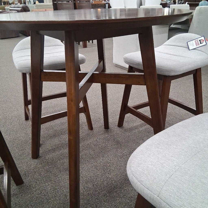 Brown Pub Table w/ 4 Gray Fabric Barstools