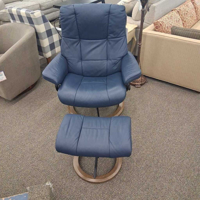 Ekornes Blue Leather Oversized Chair & Otto