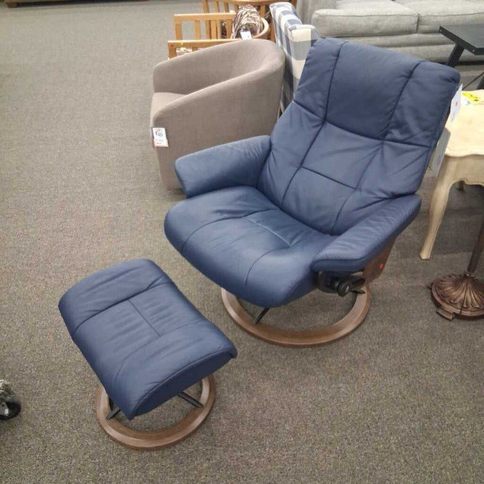Ekornes Blue Leather Oversized Chair & Otto