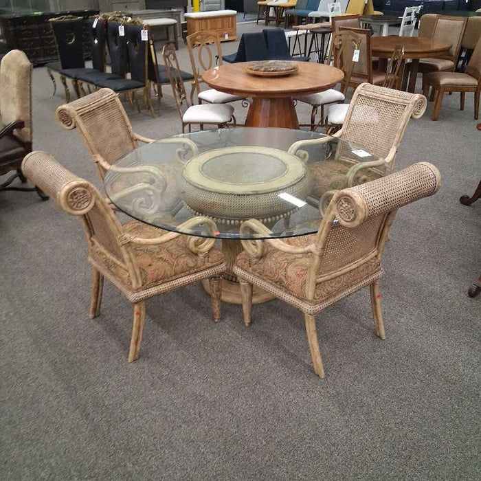 Glass Top Dining Table w/ 4 Wicker Chairs