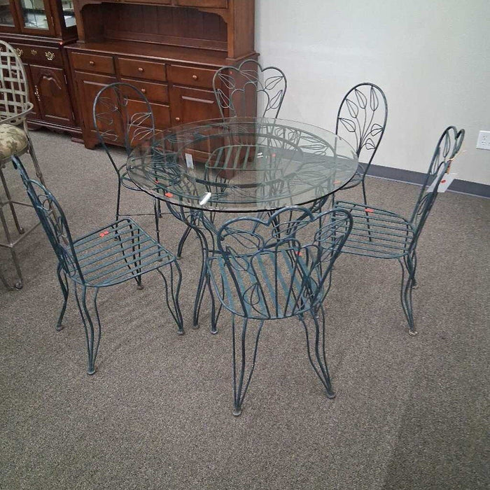 Vintage French Teal Patio Tbl w/ 4Ch & 2Stools