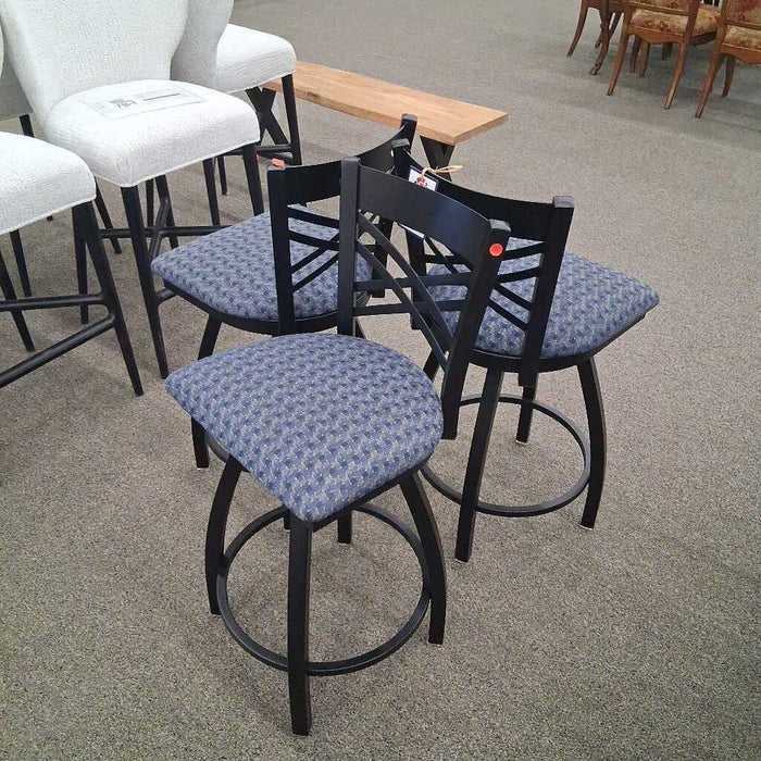 Set of 3 Blue Fabric Swivel Barstools