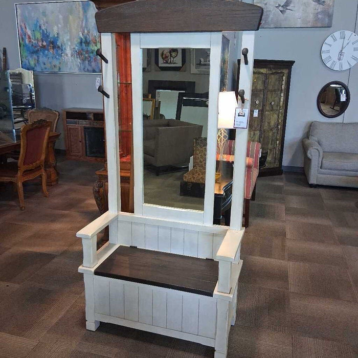 White Hall Tree w/ Mirror & Bench Storage