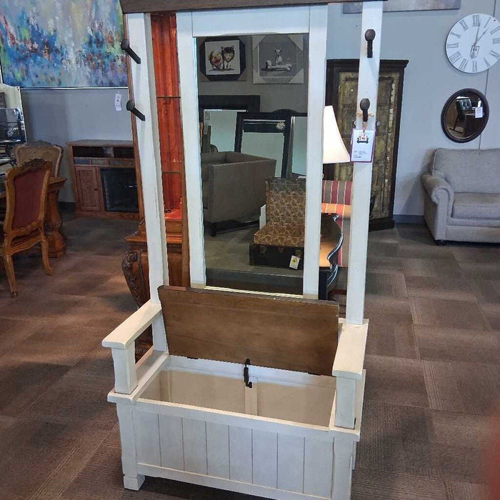 White Hall Tree w/ Mirror & Bench Storage