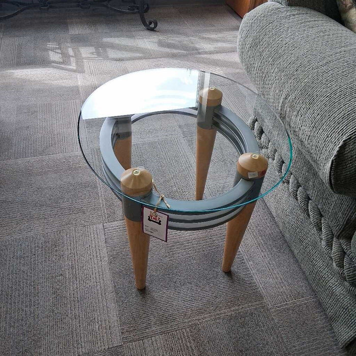 Glass Top End Table w/ Wood & Metal Base