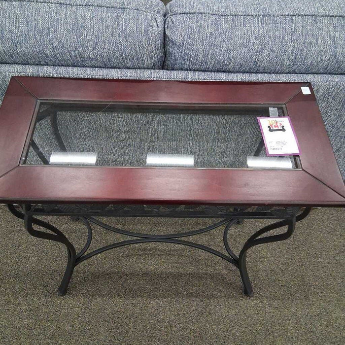 Red &Glass Top Entry Table w/ Leaf Accents