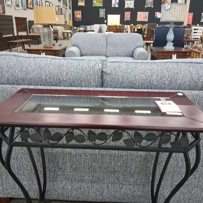 Red &Glass Top Entry Table w/ Leaf Accents