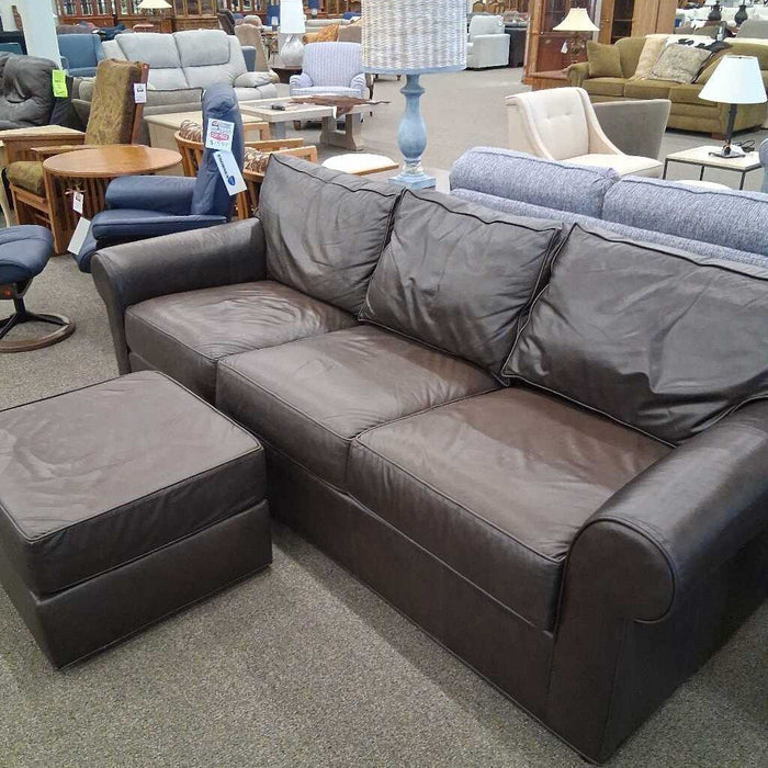 Ethan Allen Brown Leather Sofa w/ Otto