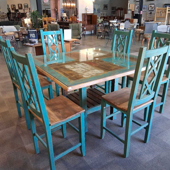 Rustic Distressed Glass Top Table w/ 6 Chairs
