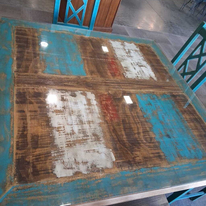 Rustic Distressed Glass Top Table w/ 6 Chairs