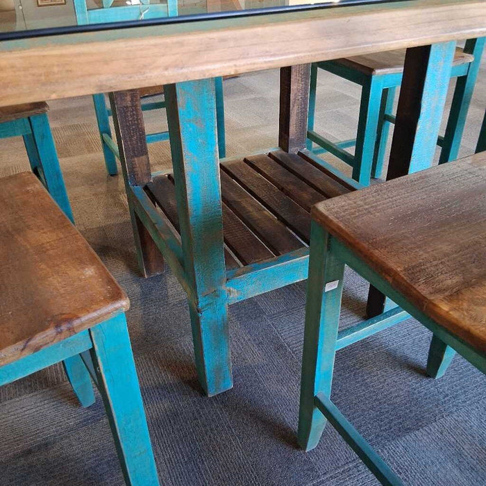 Rustic Distressed Glass Top Table w/ 6 Chairs