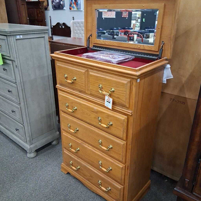 Oak Tallboy w/ Jewely Box & Mirror