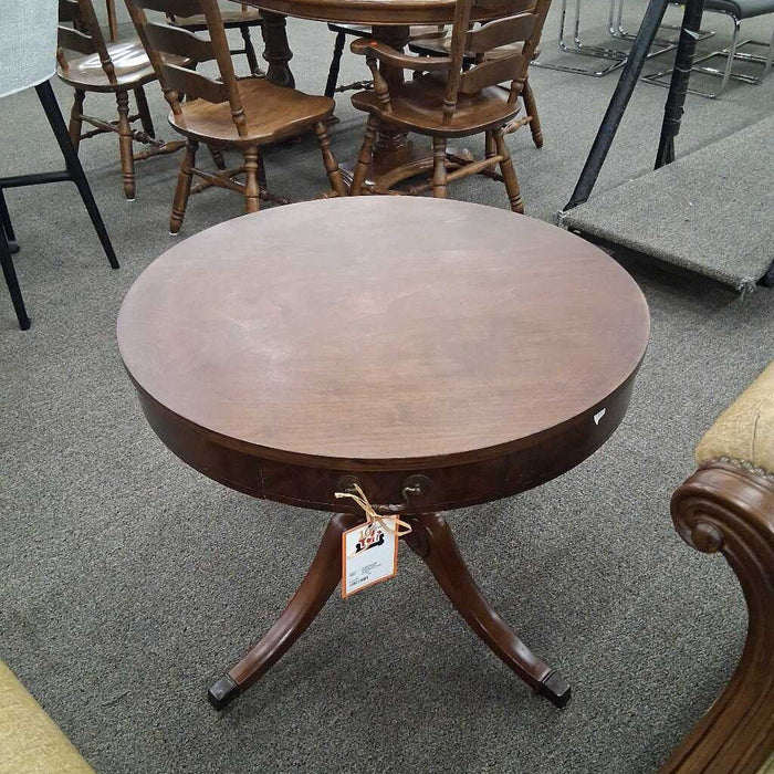 Vintage Dark Wood Drum Table w/ Dwr